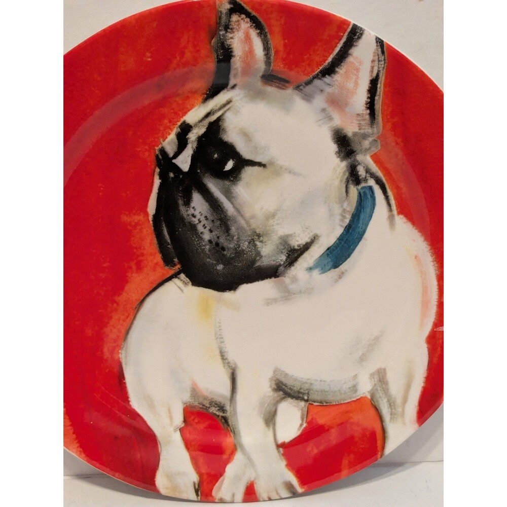 New Anthropologie Plate SALLY MUIR Dessert DOG-A-DAY Frenchie Bulldog Stoneware - Picture 3 of 8